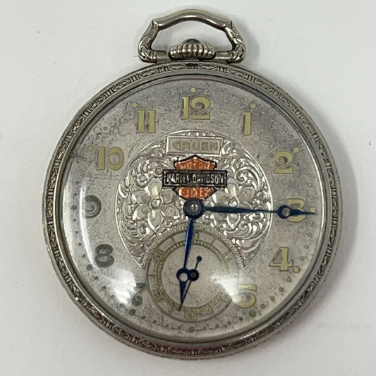 Gruen Harley Davidson Silver Pocket Watch with Floral Design and Gold Numerals, Front View