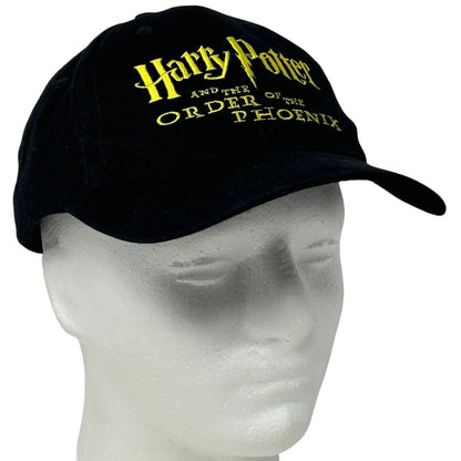Black Harry Potter cap featuring logo text from Order of the Phoenix, side view on mannequin head