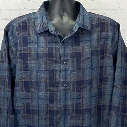Hart Schaffner Marx blue patterned button-up shirt, 3XT size, front view showcasing unique texture design.