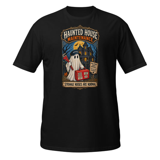 Black T-shirt featuring Haunted House graphic with ghost and text saying Strange Noises Are Normal