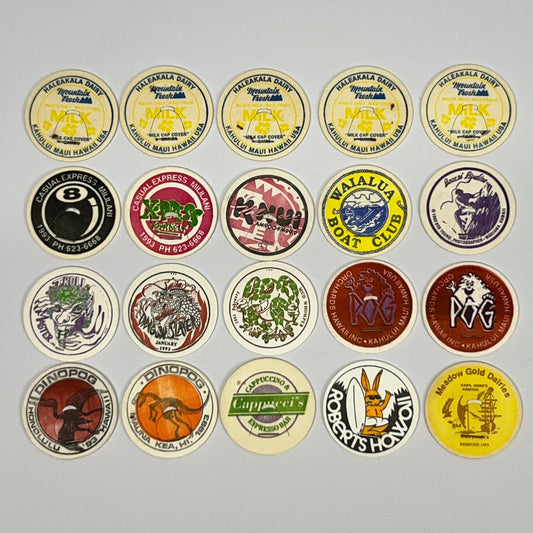 POG vintage pogs set featuring colorful designs from various eras on a white background