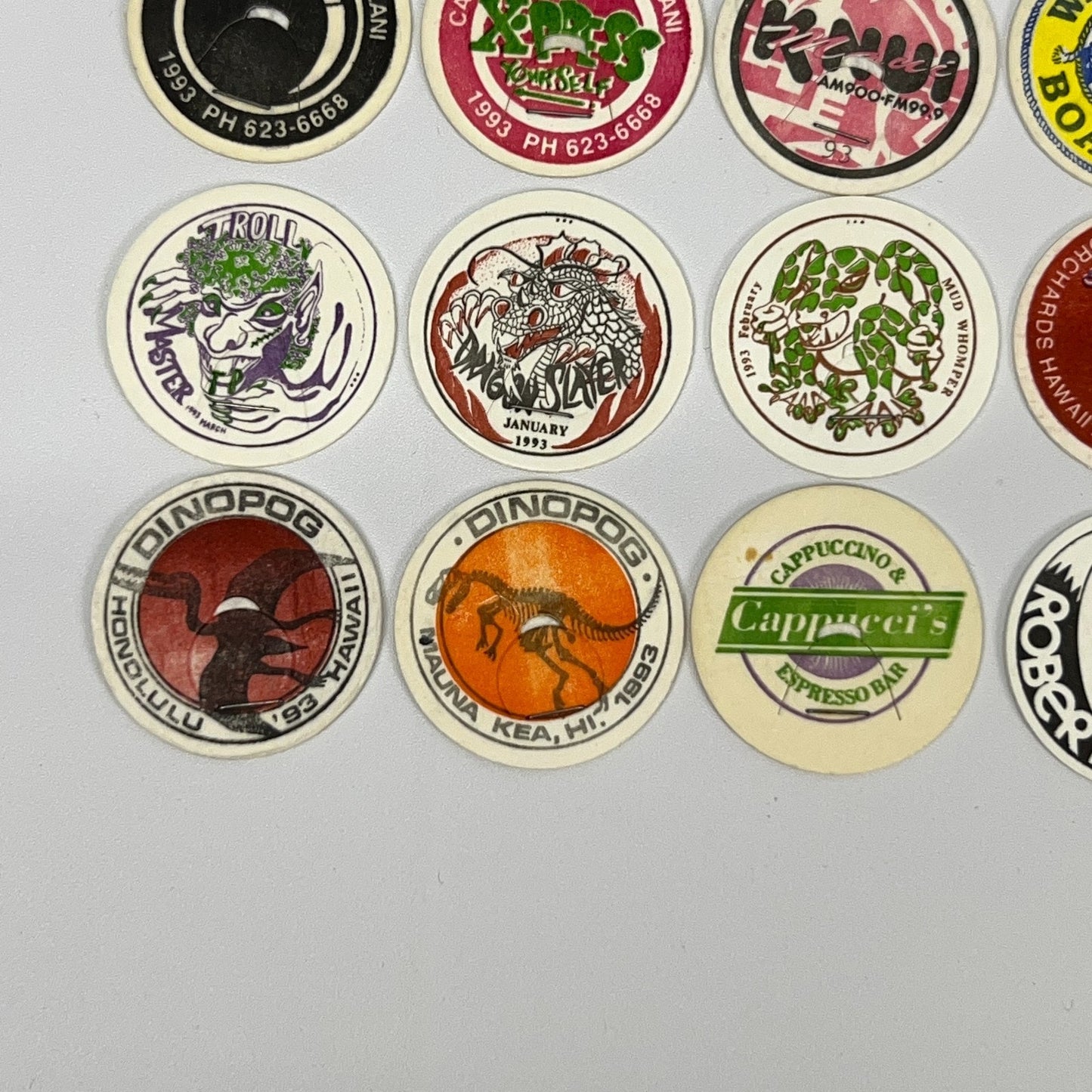 POG 1990s vintage pogs in various designs and colors, featuring cartoon characters and logos