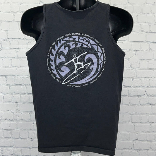 Black sleeveless t-shirt featuring a Hawaii surfer graphic design