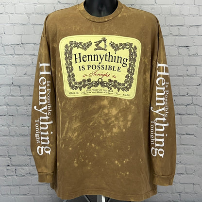 Brown long sleeve Hennessy t-shirt with front graphic and 'Hennything is Possible' text on sleeves