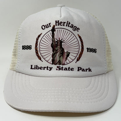 White Vintage Cap with Statue of Liberty Design and 'Liberty State Park' Text on Front