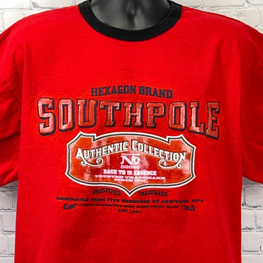 Front view of a red Southpole T Shirt featuring the Authentic Collection logo and bold graphic design