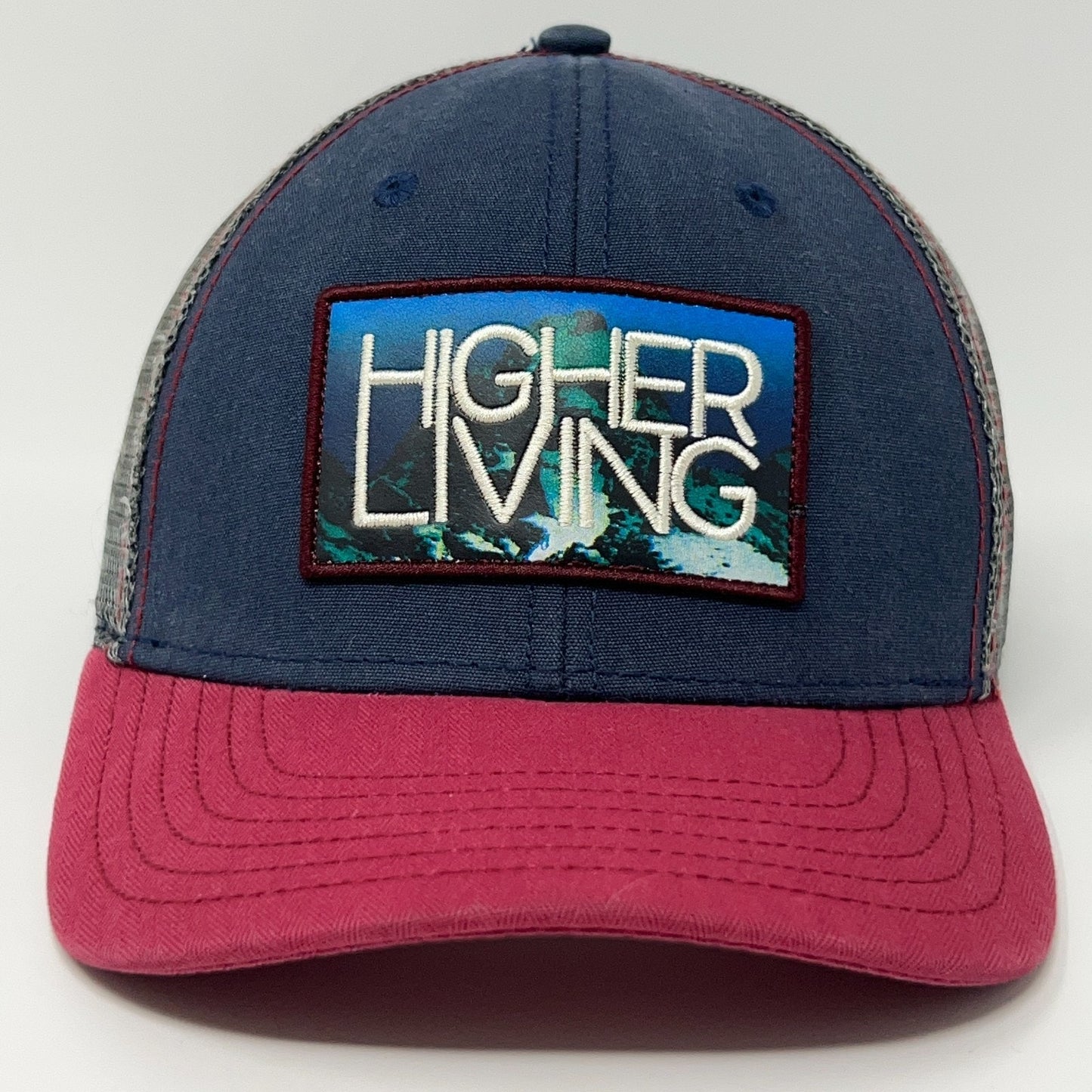 prAna Higher Living Blue and Burgundy Hat with Embroidered Logo and Mesh Back