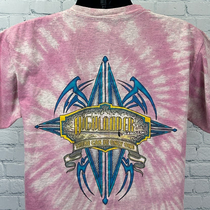 Vintage Highlander Tie-Dye T-Shirt in Pink with Bold Graphic Design on Back