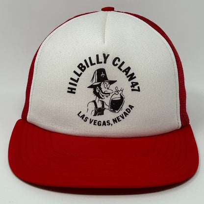 Front view of Vintage Trucker Hat in red and white with Hillbilly Clan 47 logo from Las Vegas