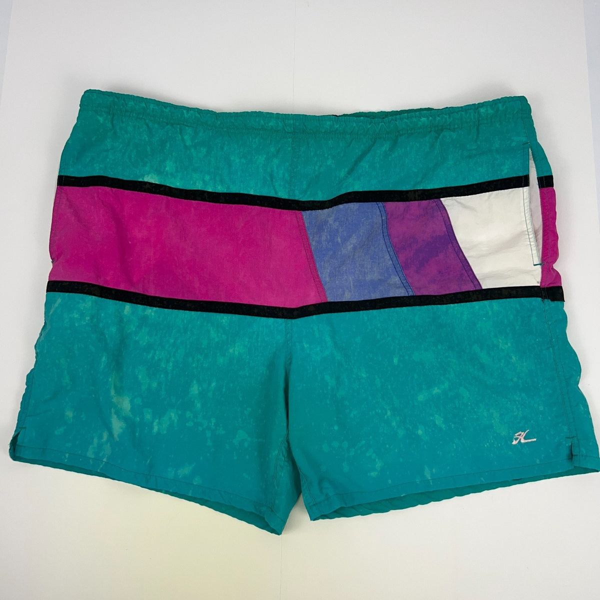 Hobie men's swim shorts in teal with pink and purple stripes, featuring a front view and logo detail