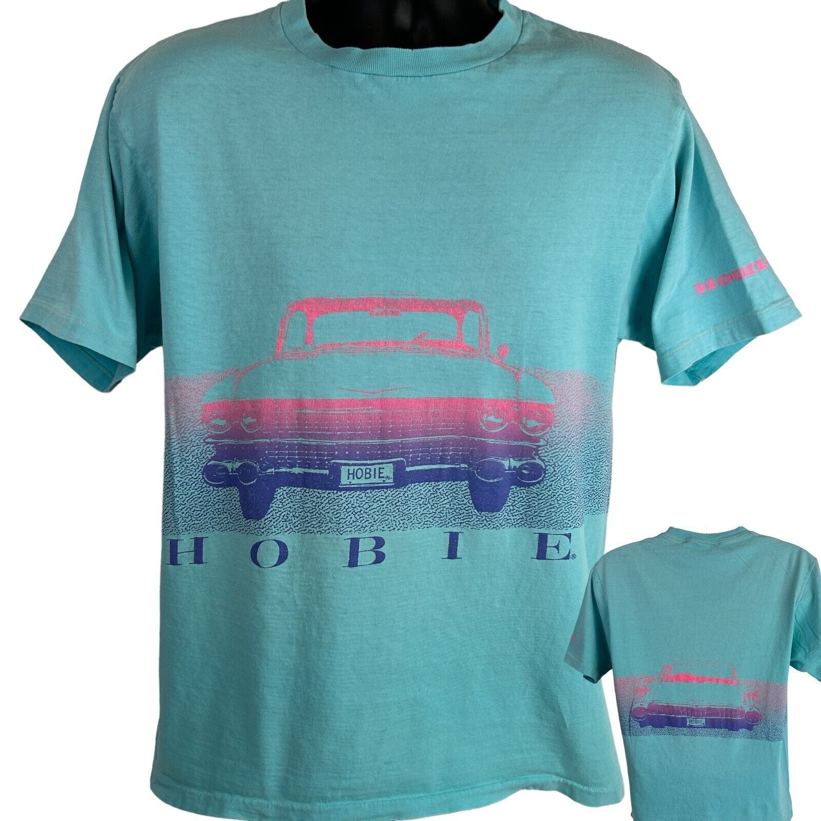 Turquoise Hobie T-Shirt in large size featuring a retro car graphic on the front