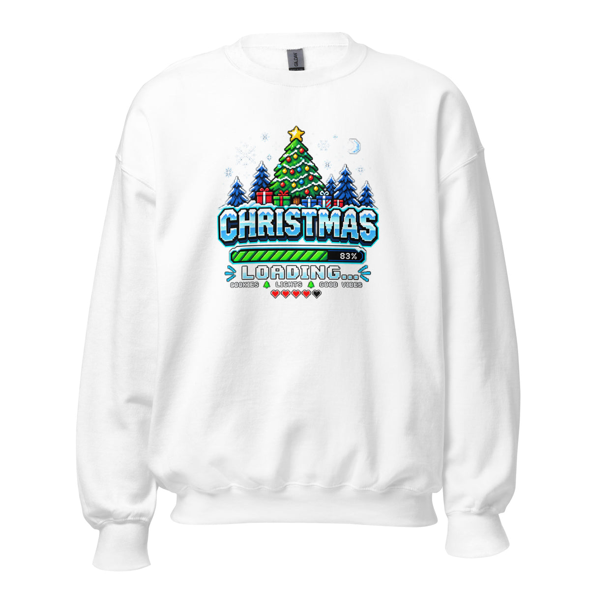 White Christmas sweater with colorful loading graphic and tree design; front view, relaxed fit