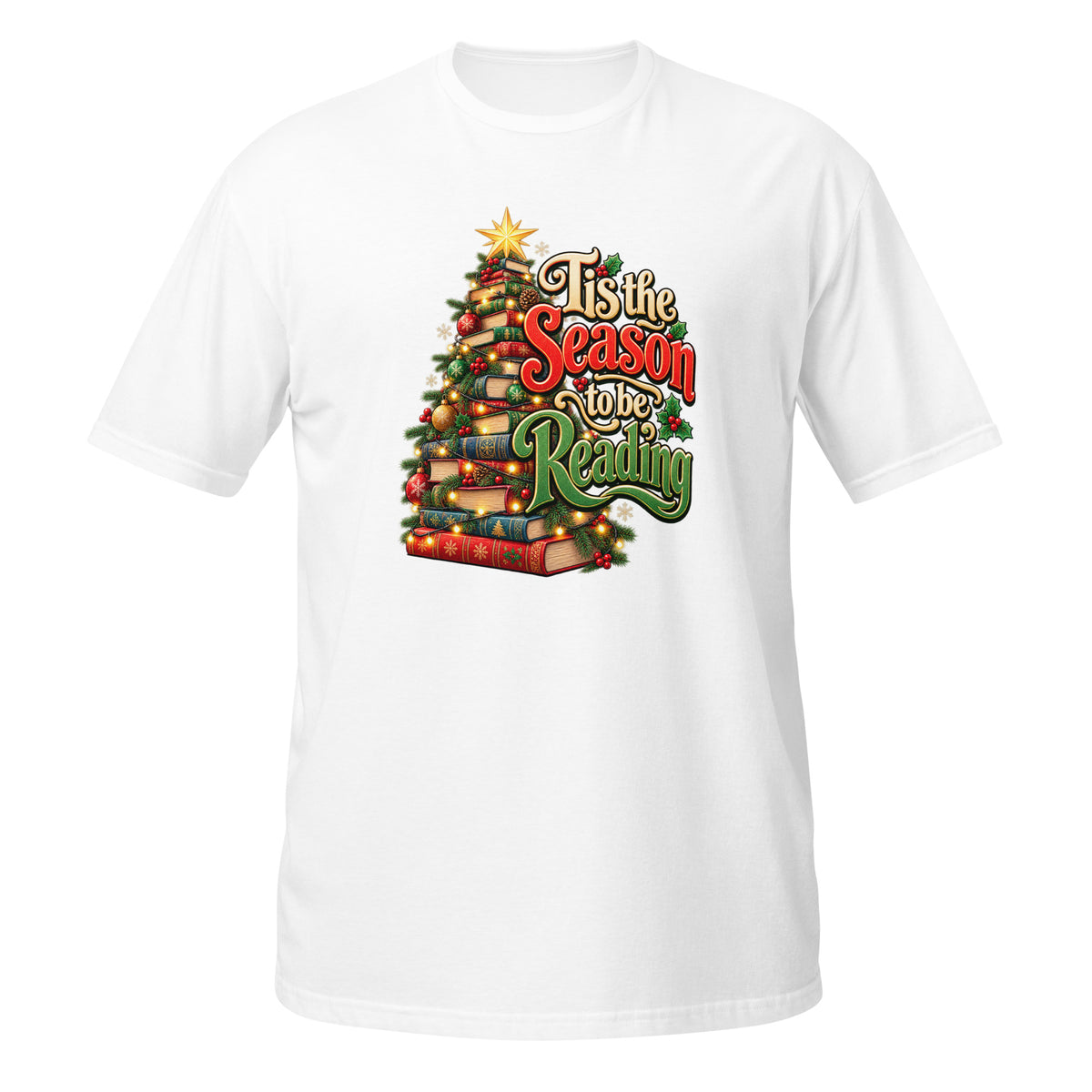 neonvtg White T-Shirt with 'Tis the Season to be Reading' Christmas Tree Graphic, Vintage Style