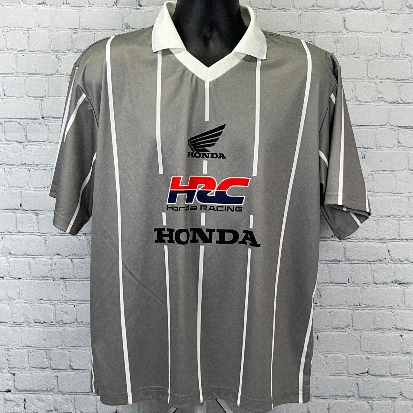 Gray Honda Racing Jersey with white stripes, featuring Honda and HRC logos, front view, size large