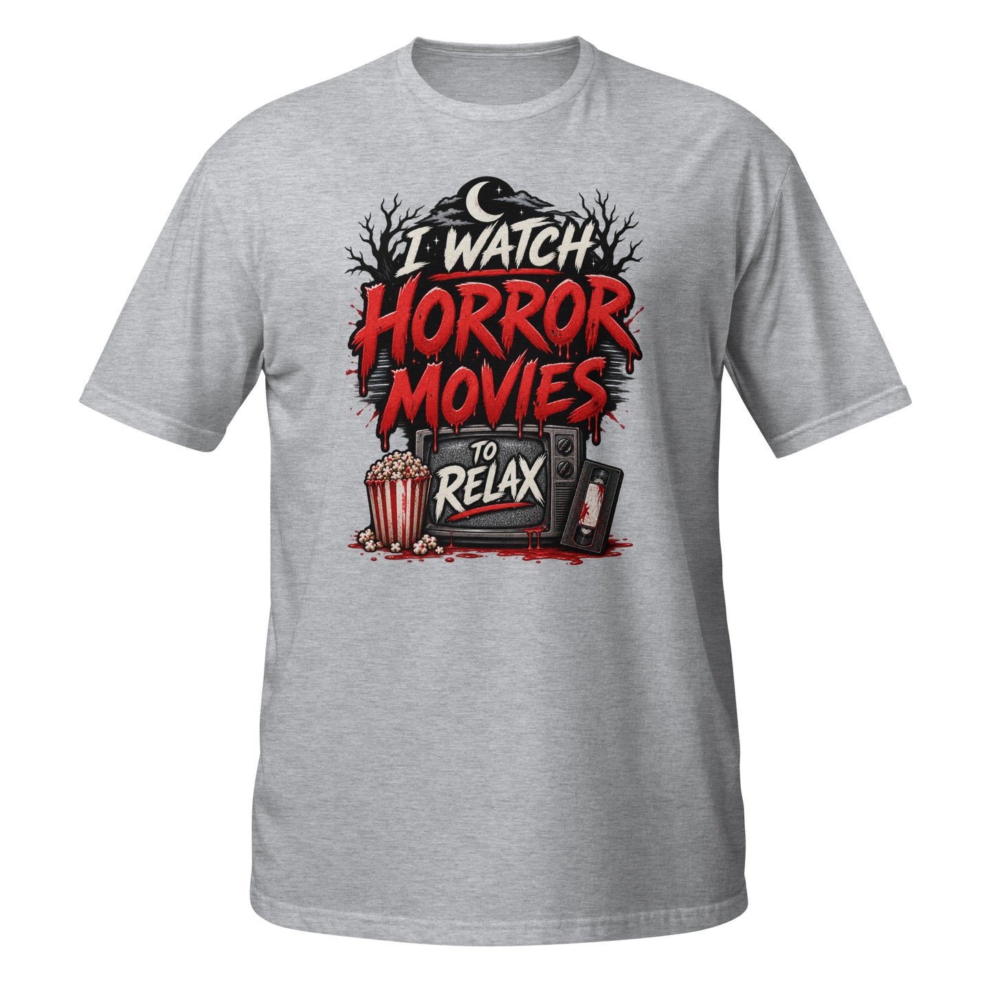 T-shirt featuring 'I Watch Horror Movies to Relax' graphic with popcorn and retro TV design, front view.
