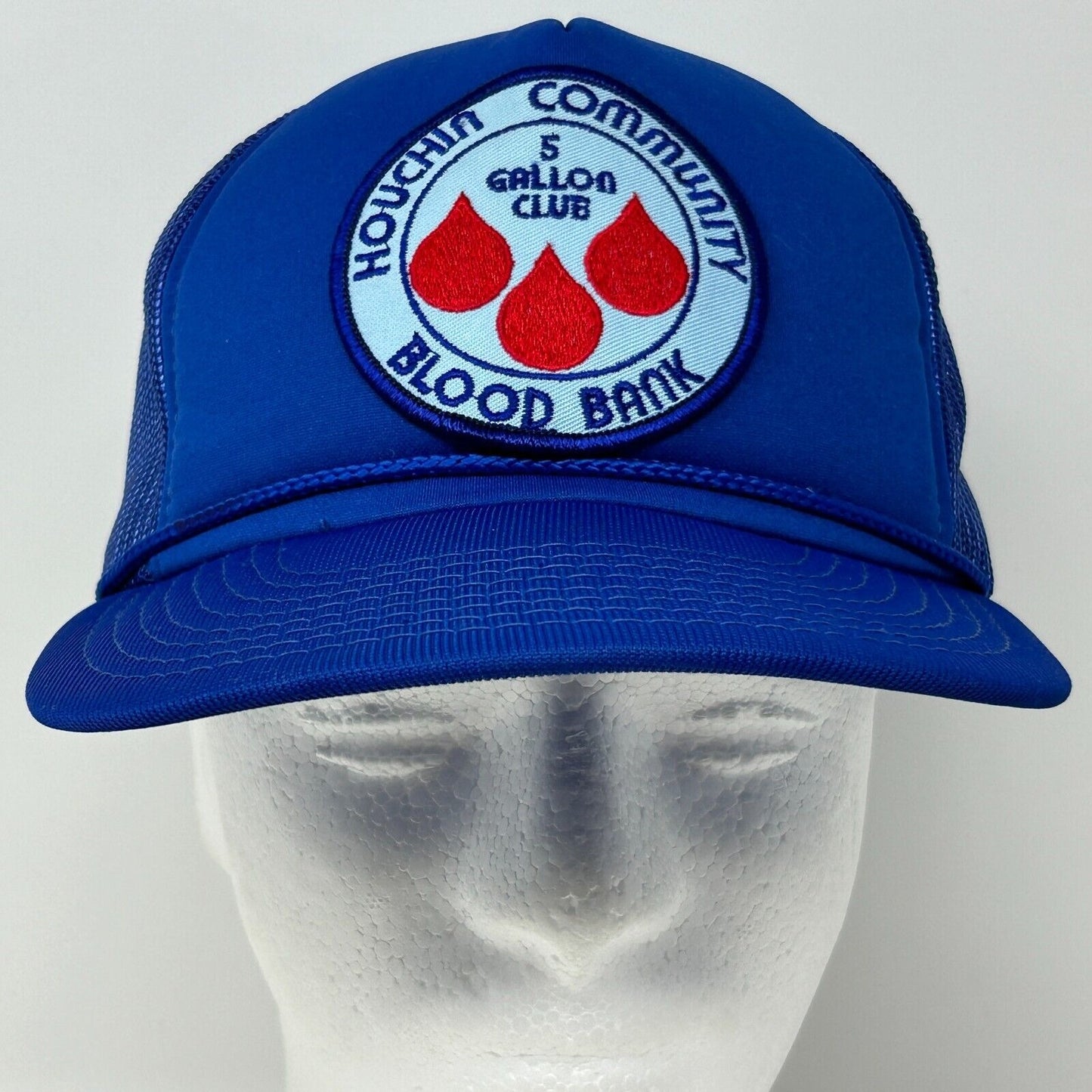 Blue Hanes Houchin Trucker Hat with front logo for blood bank community support