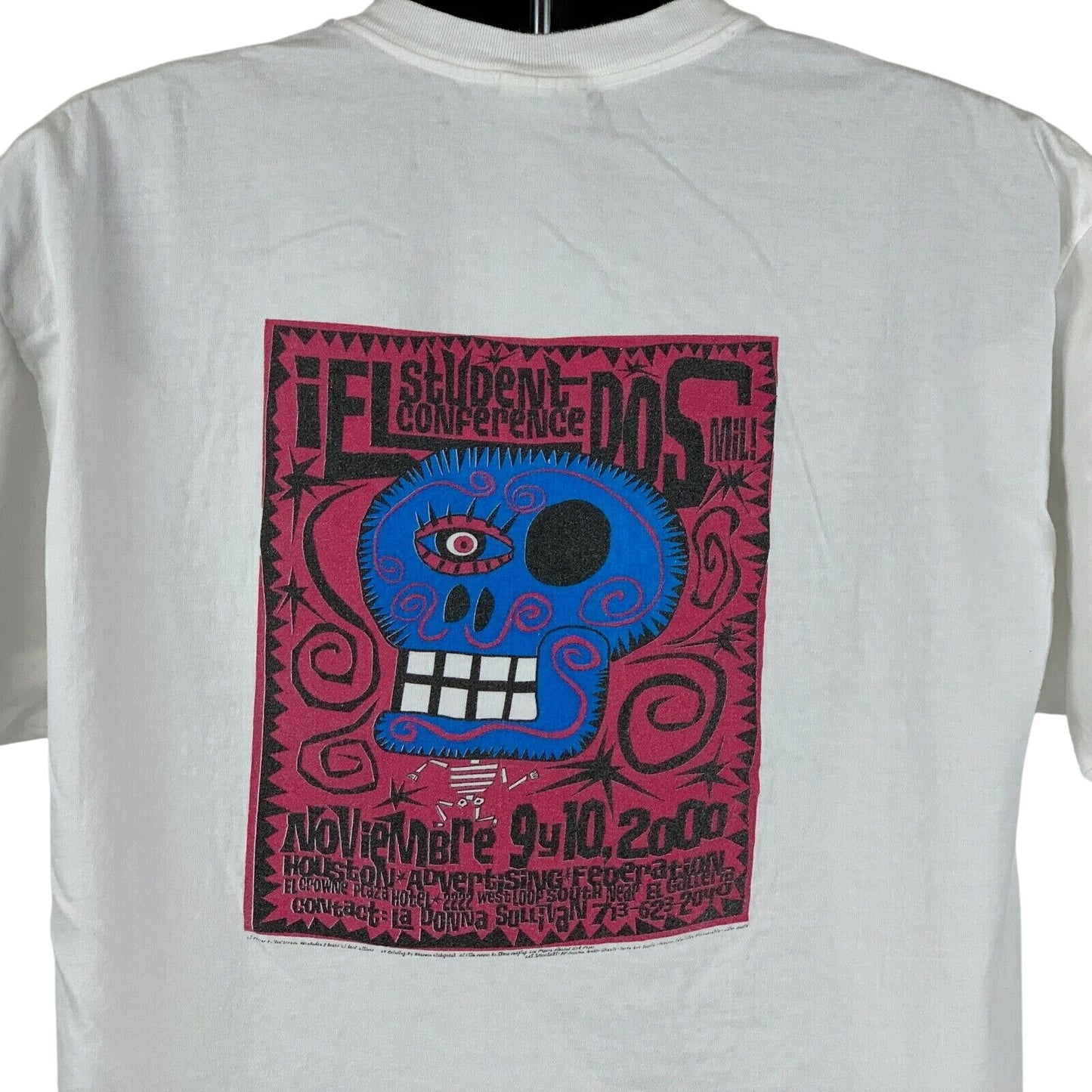 Hanes White T-Shirt with Colorful Houston Advertising Federation Skull Graphic on the Back