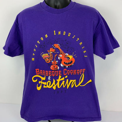 Purple Hanes T-Shirt featuring Houston Barbecue Cookoff graphic on the front in size large