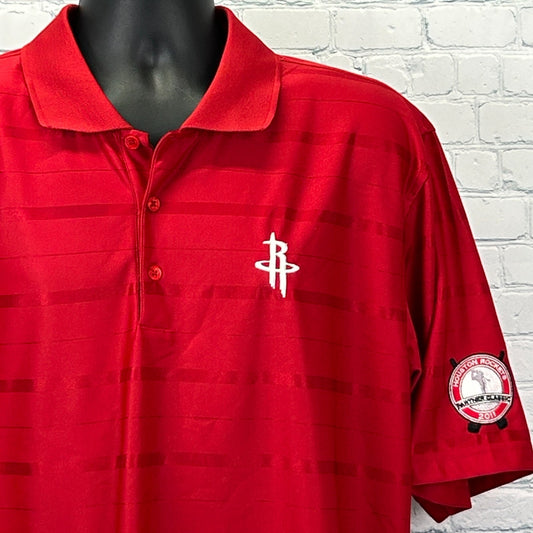 Front view of red Houston Rockets Polo by Antigua with logo and stripes, perfect for fans