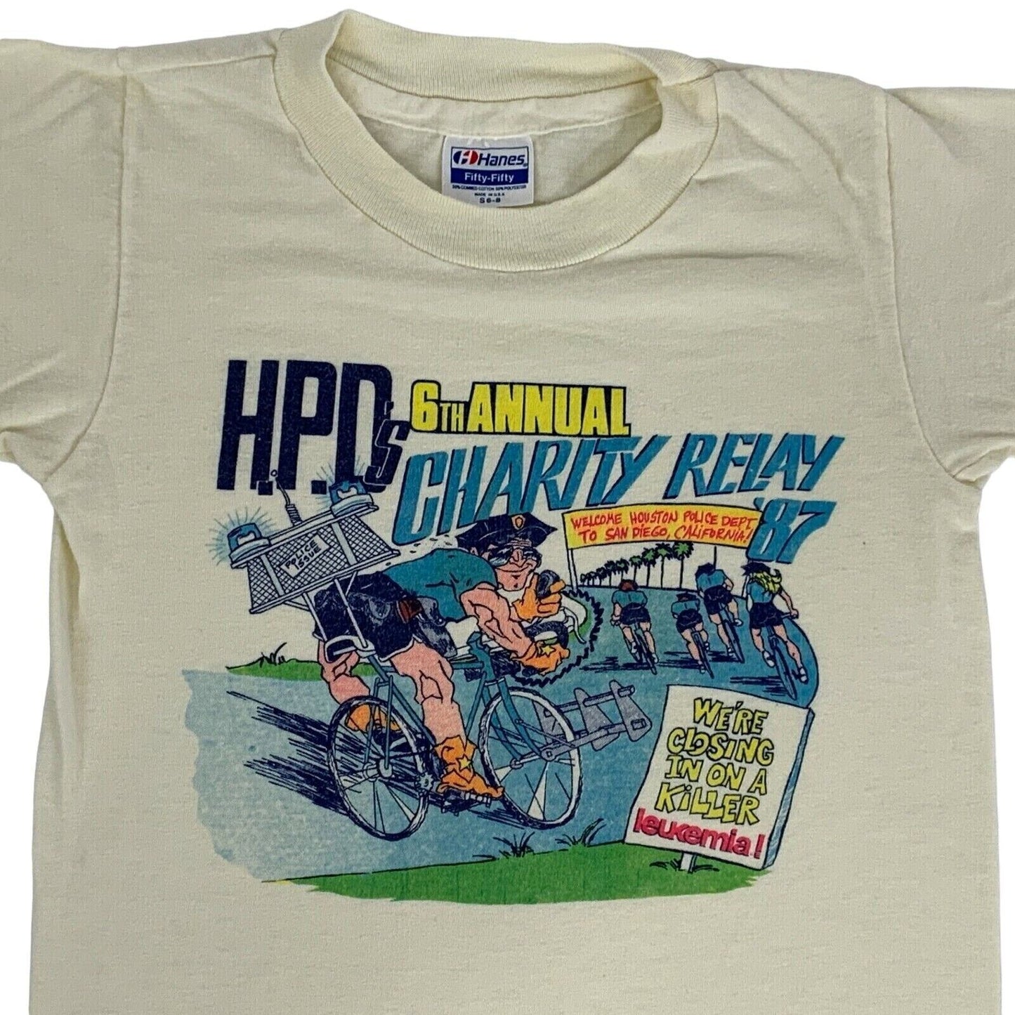 Hanes Houston Police Charity Relay T-Shirt in cream with colorful cycling graphic on front