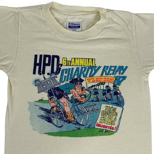 Hanes Houston Police Charity Relay T-Shirt in cream with colorful cycling graphic on front
