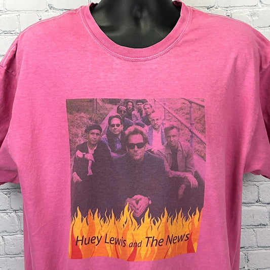 Hanes Huey Lewis and the News T Shirt in pink with a front graphic featuring band members and flames