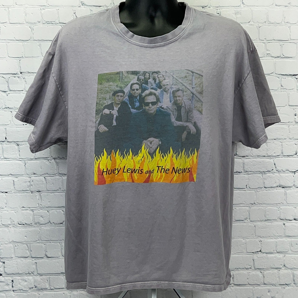 Hanes vintage graphic t-shirt in gray featuring Huey Lewis and The News with flame design