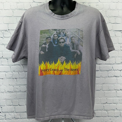 Hanes vintage graphic t-shirt in gray featuring Huey Lewis and The News with flame design
