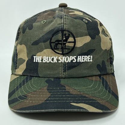 Vintage camo hunting hat featuring a logo and 'The Buck Stops Here' embroidered on the front