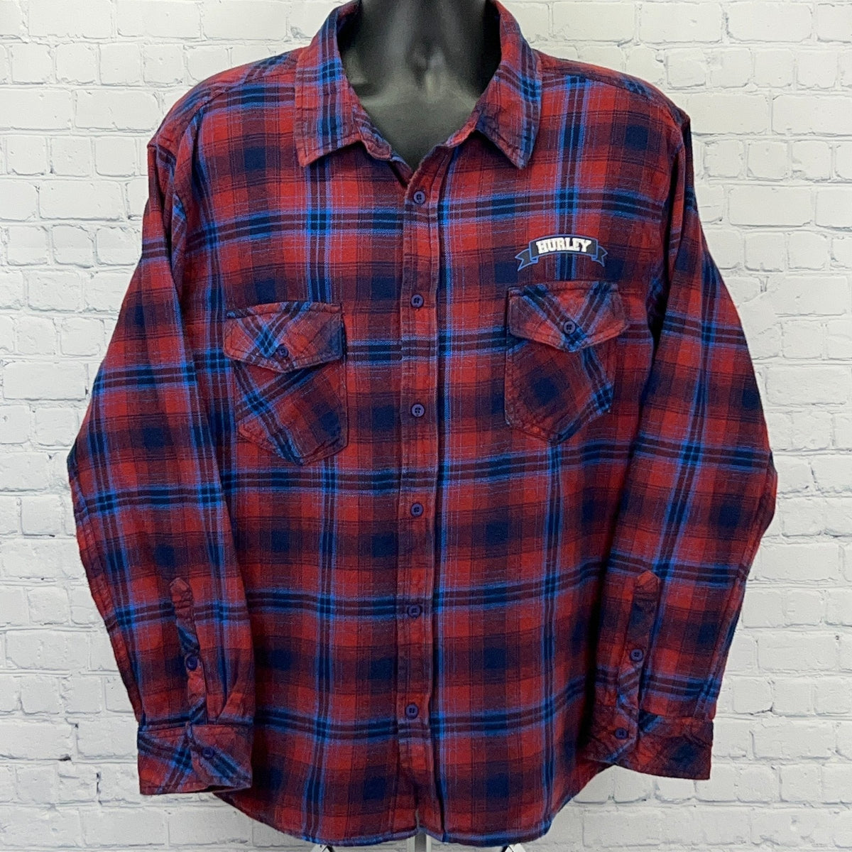Hurley Red and Blue Plaid Flannel Shirt, Size X-Large, Front View with Logo on Chest