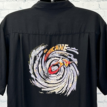Black Hawaiian Shirt by Luau featuring vibrant hurricane graphic on back in large size