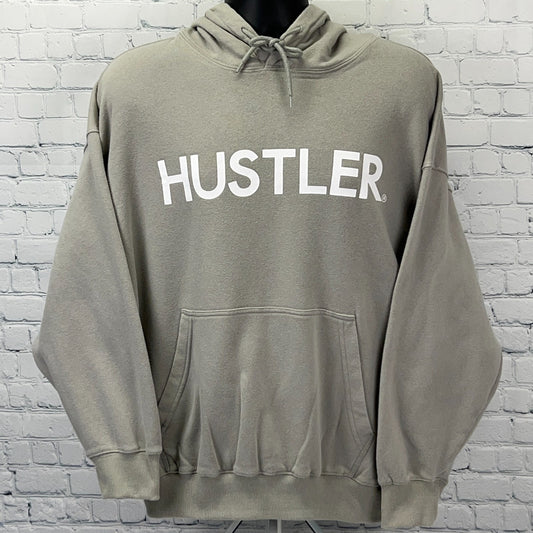 Light gray Hustler hoodie with large white logo on the front and a spacious kangaroo pocket