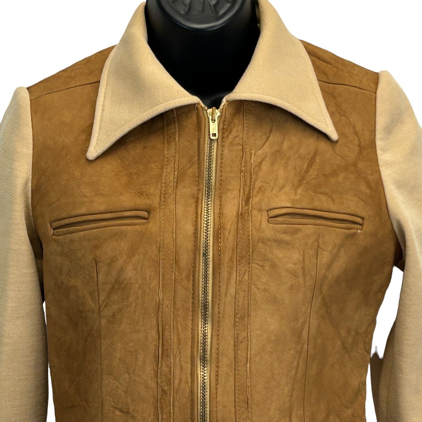 Chaqueta vaquera vintage de los años 60 en mezcla de cuero estilo western para mujer, talla pequeña, color marrón y beige