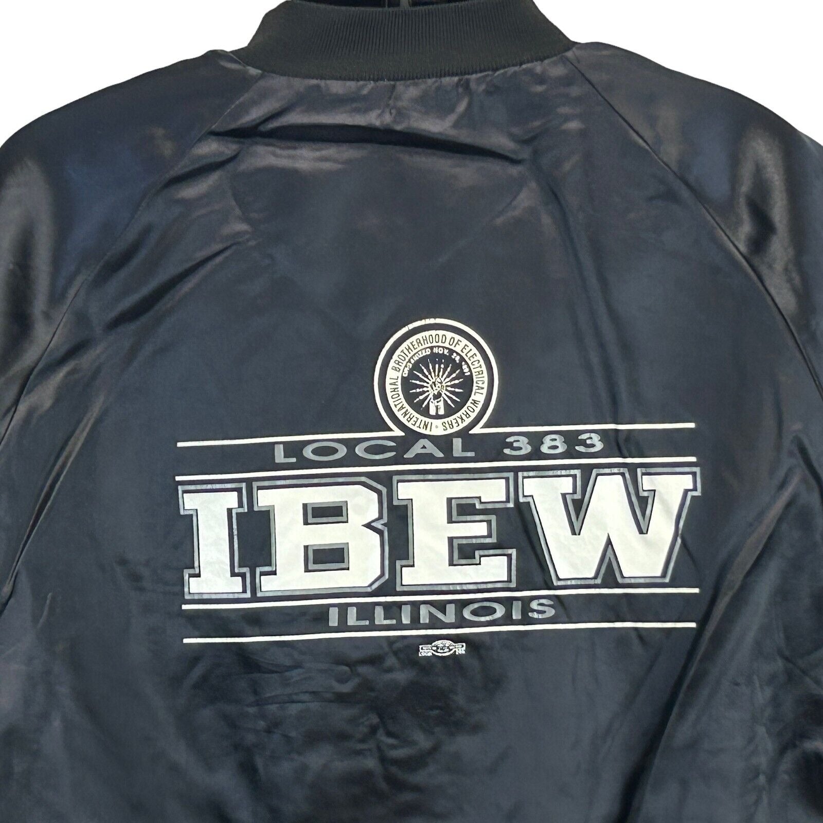 King Louie IBEW Jacket in Black, featuring Local 383 logo on the back, view from behind