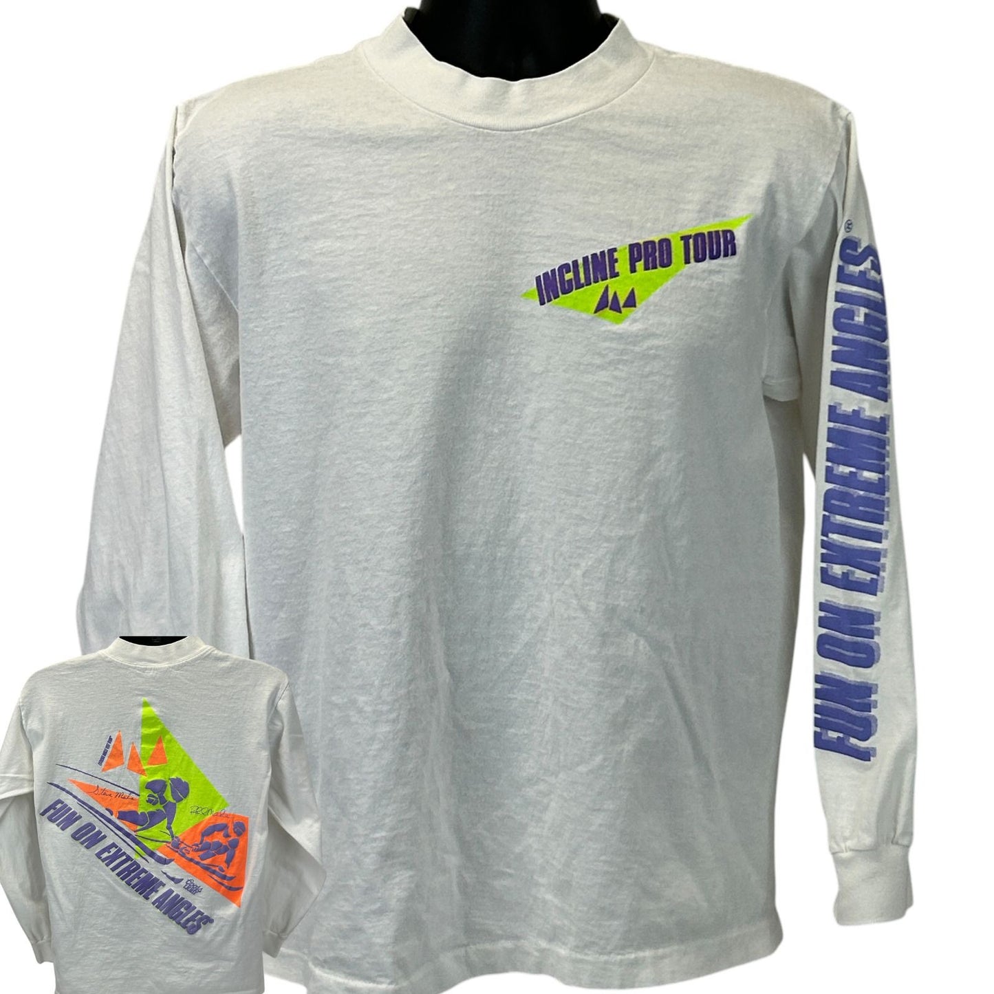 Vintage long-sleeve white T-shirt with skiing graphic and logo on front and back