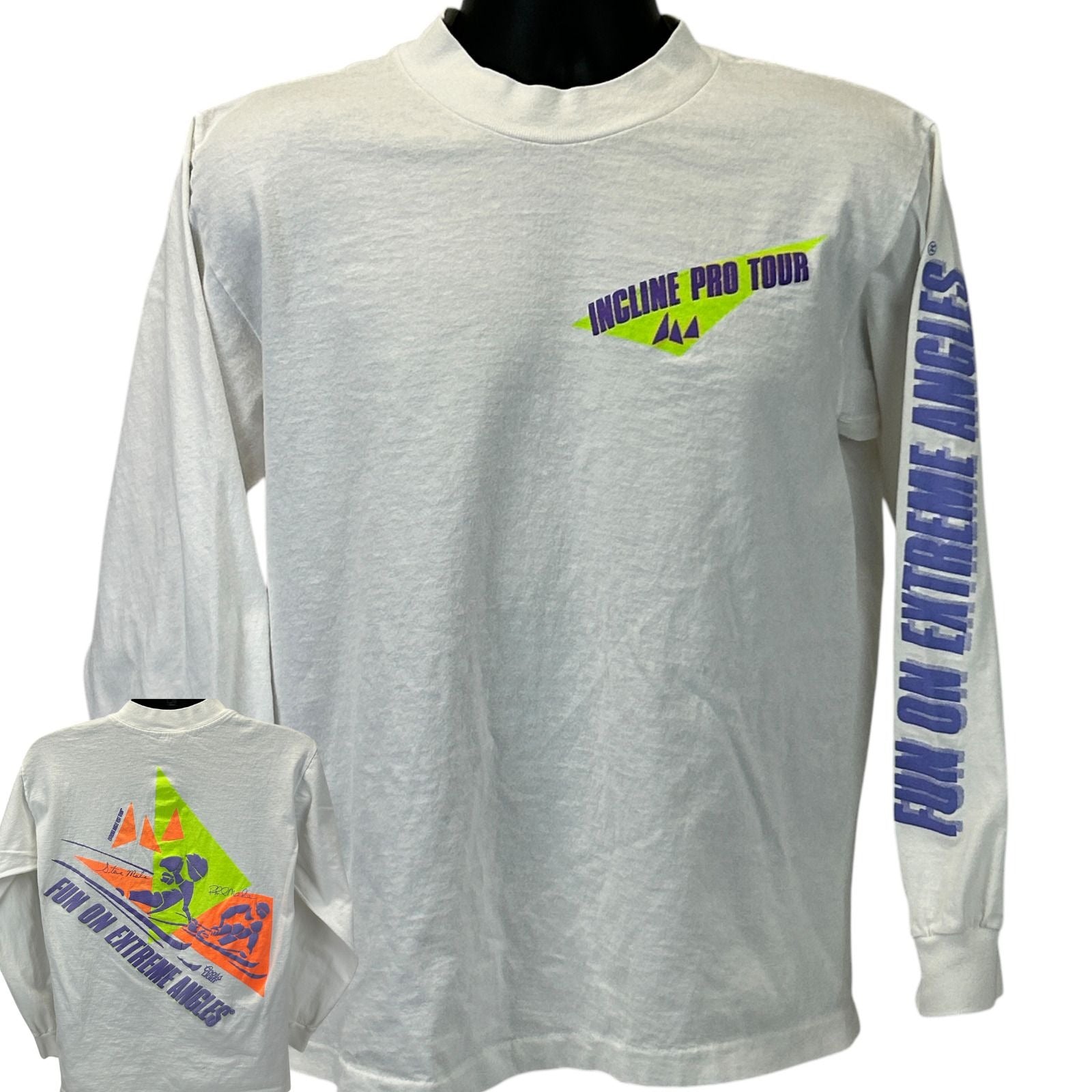 Vintage long-sleeve white T-shirt with skiing graphic and logo on front and back