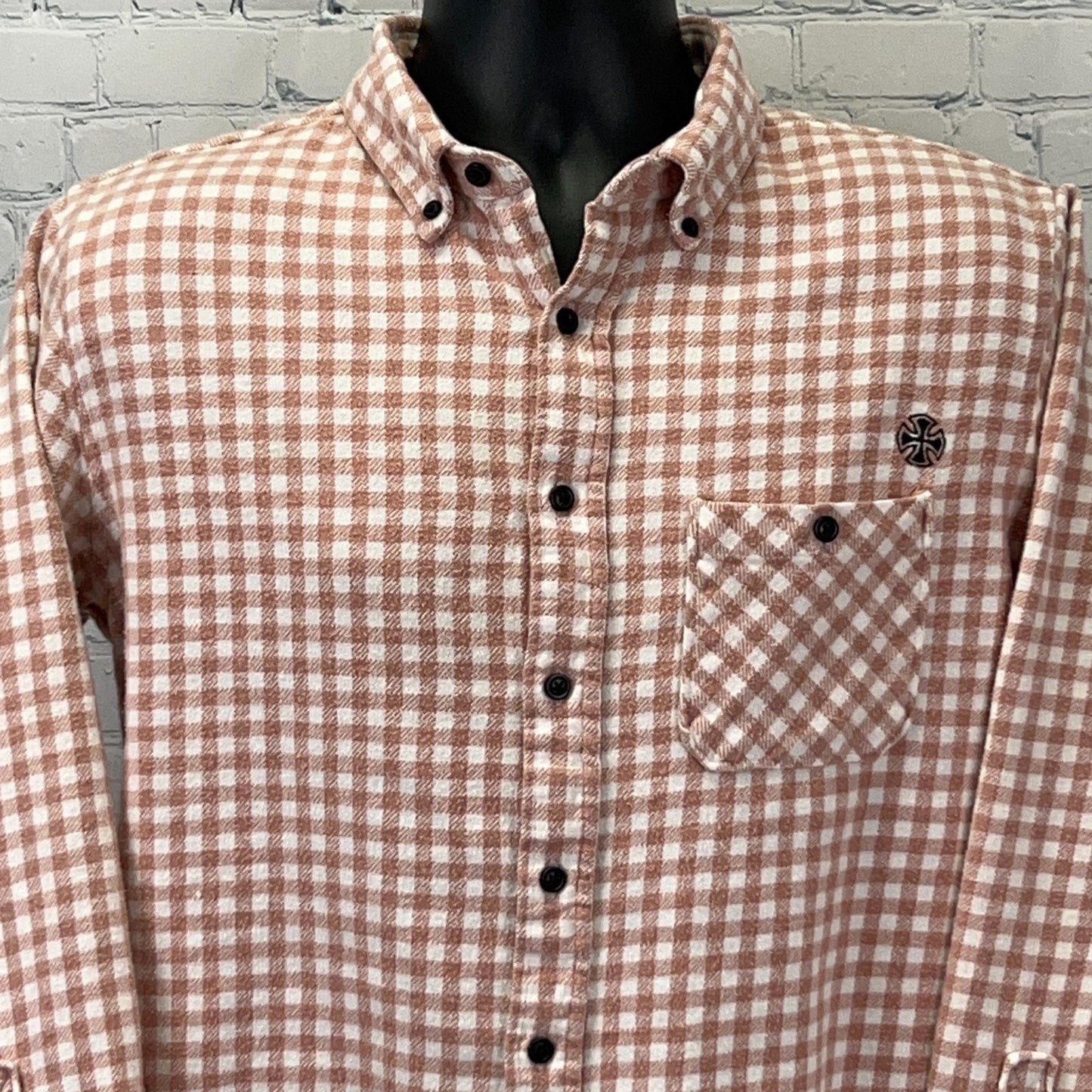 Independent Truck Co. Checkered Long Sleeve Shirt in Rust with Button Closure and Logo on Pocket