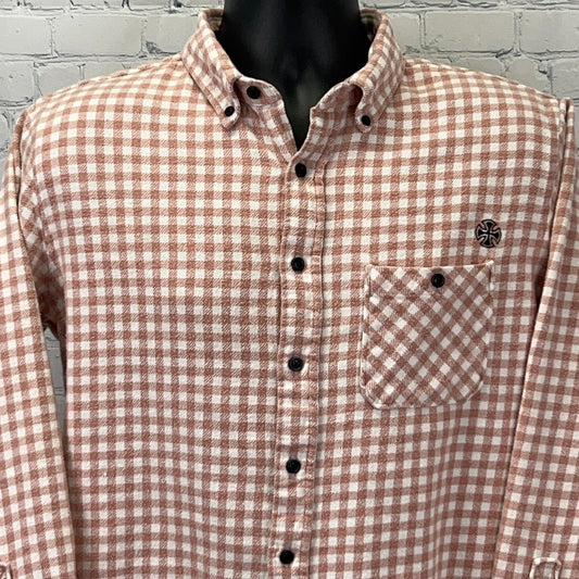 Independent Truck Co. Checkered Long Sleeve Shirt in Rust with Button Closure and Logo on Pocket