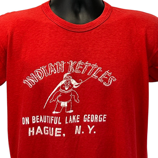 Red Vintage T-Shirt featuring Indian Kettles logo, sizes available, view from front showcasing Lake George design