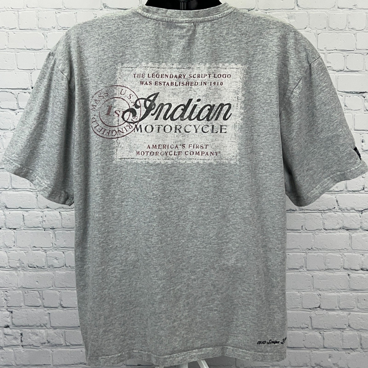 Gray Indian Motorcycle T-shirt featuring the legendary script logo on the back, short sleeves and classic fit