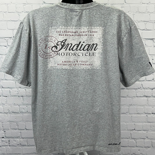 Gray Indian Motorcycle T-shirt featuring the legendary script logo on the back, short sleeves and classic fit