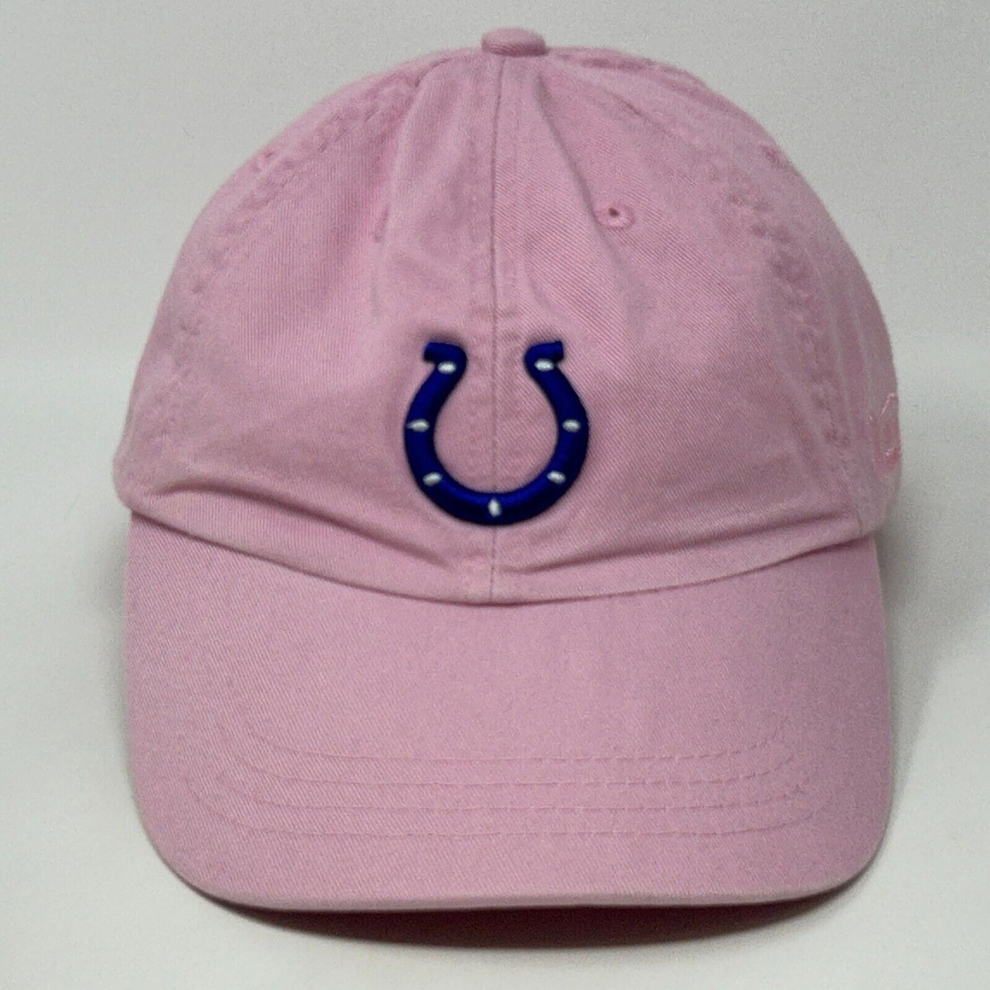 Pink Reebok Indianapolis Colts hat featuring a blue horseshoe logo on the front