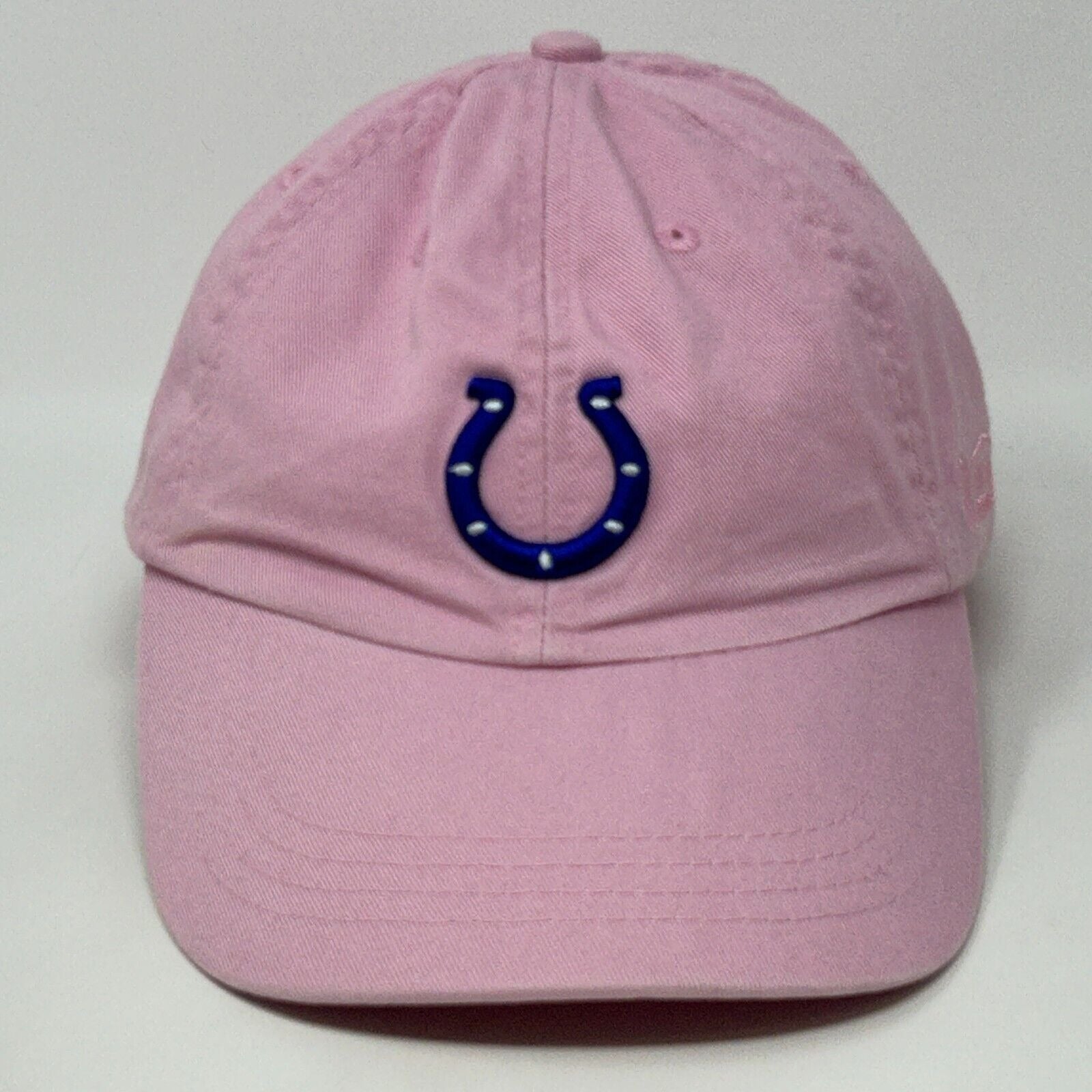 Pink Reebok Indianapolis Colts hat featuring a blue horseshoe logo on the front