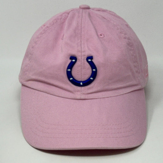 Pink Reebok Indianapolis Colts hat featuring a blue horseshoe logo on the front