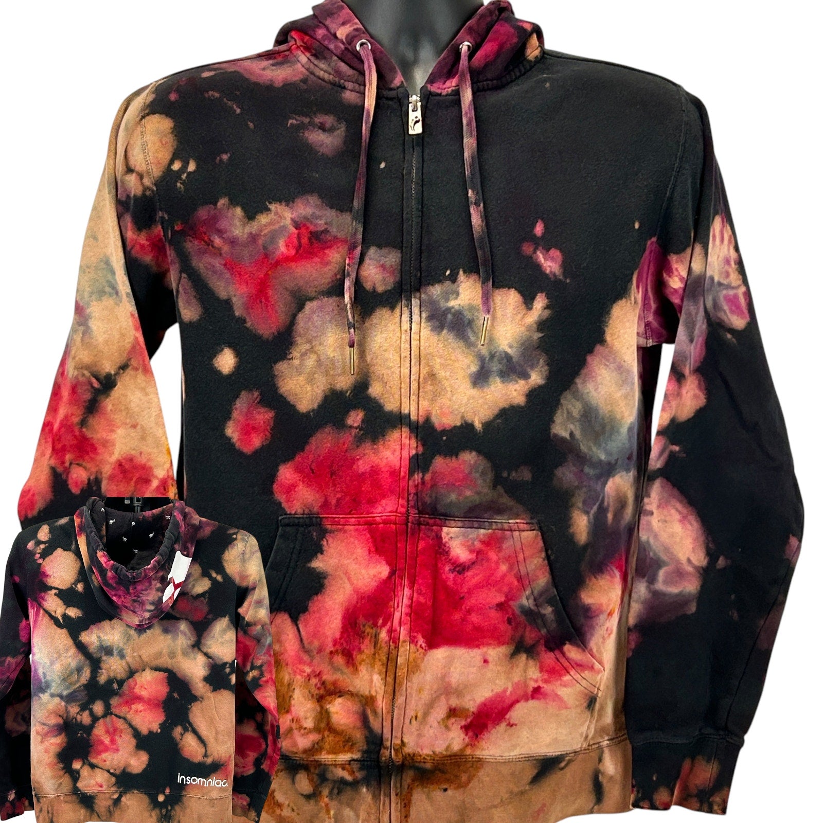 Insomniac EDC hoodie in tie-dye colors with black, red, and pink patterns, front view with logo