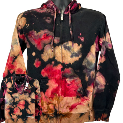 Insomniac EDC hoodie in tie-dye colors with black, red, and pink patterns, front view with logo