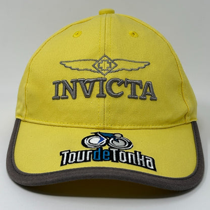 Yellow Invicta hat with gray brim and embroidered logos at the front for a stylish look
