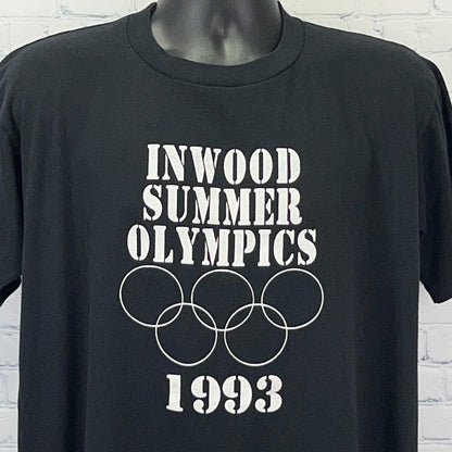 Front view of a black Jerzees t-shirt featuring Inwood Summer Olympics 1993 graphic and logo