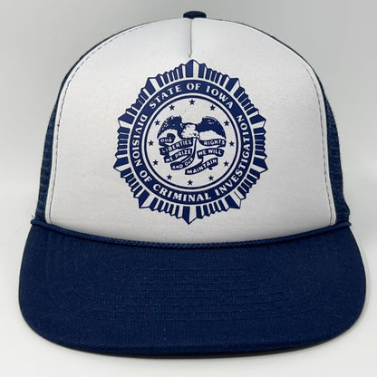 Vintage blue and white trucker hat featuring Iowa Criminal Investigation seal on front
