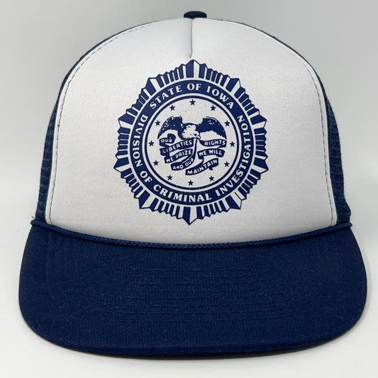 Vintage blue and white trucker hat featuring Iowa Criminal Investigation seal on front